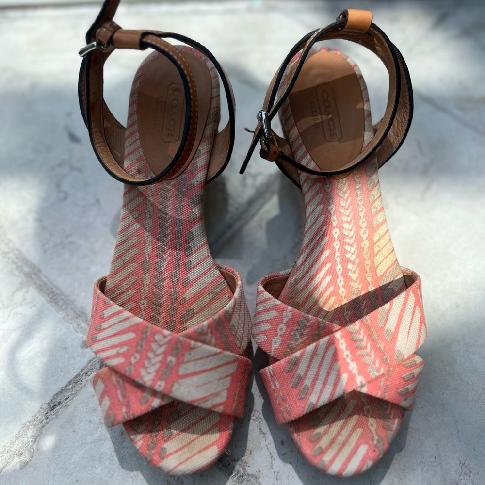 Coach Pink and Tan Patterned Wedges